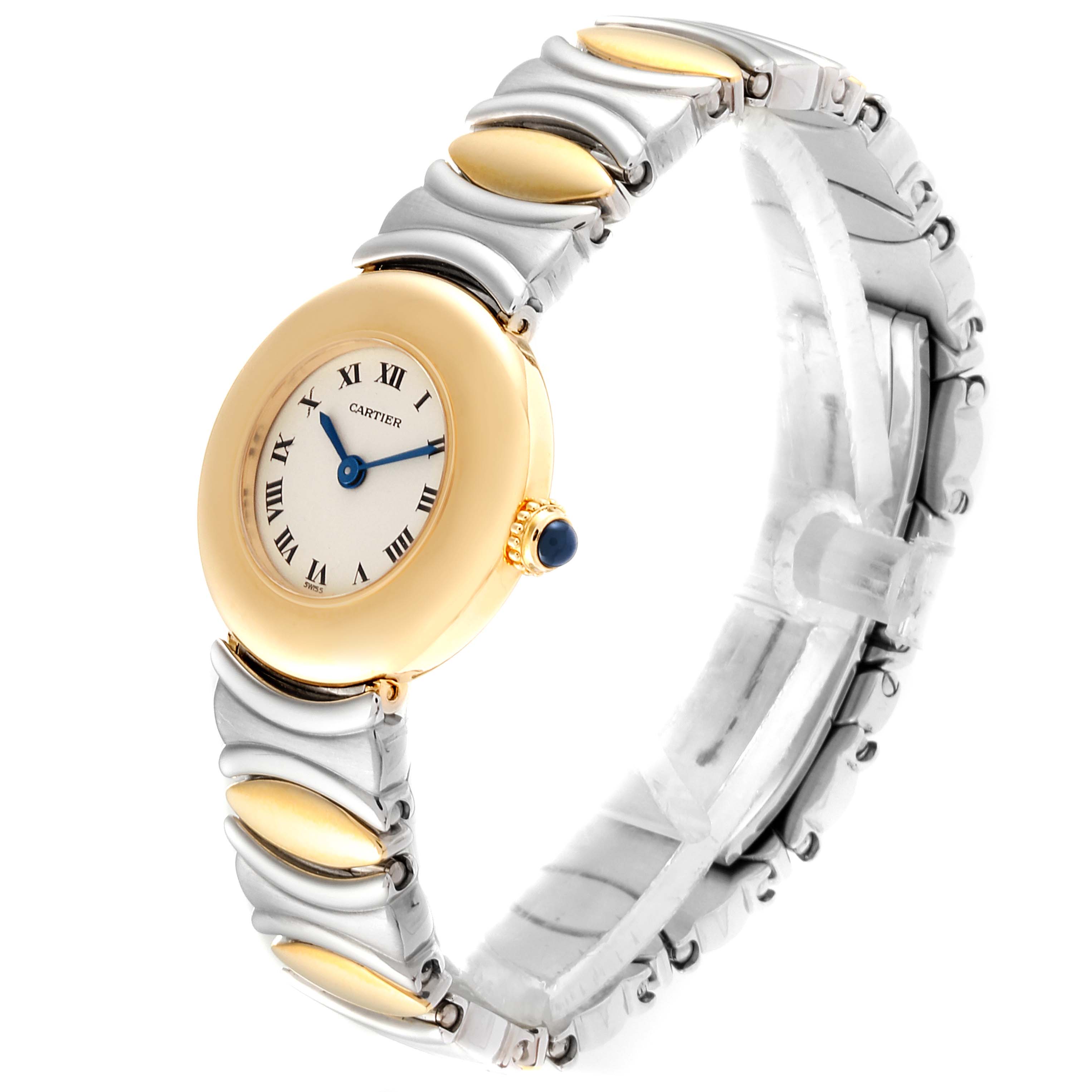 The Colisee model by Cartier is shown at an angle highlighting the dial, crown, and two-tone bracelet.