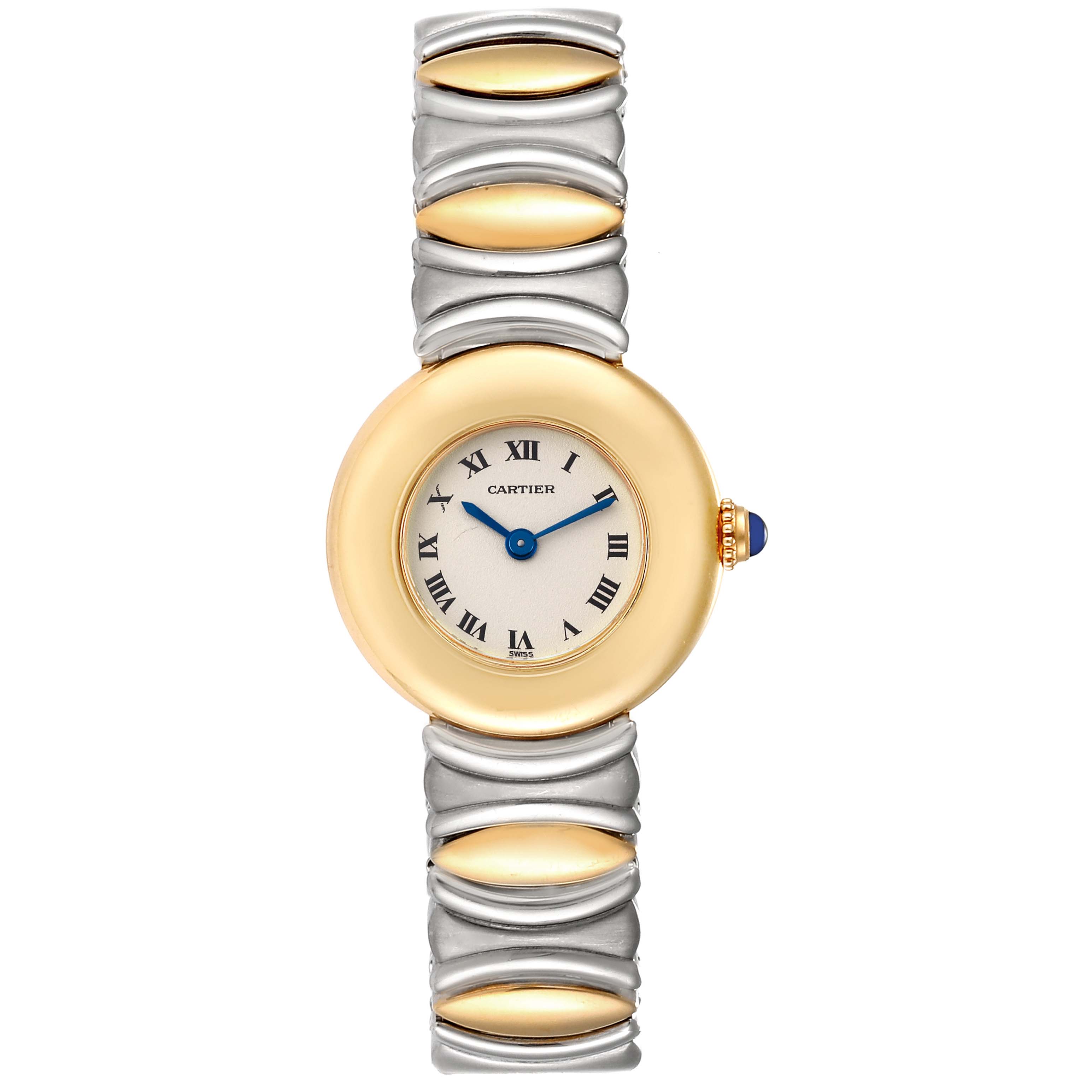The image shows a Cartier Colisee 1335 Women's Yellow Gold Silver Dial 1335 Women's Yellow Gold Silver Dial watch from a front angle, featuring a round gold bezel and a two-tone metal bracelet.