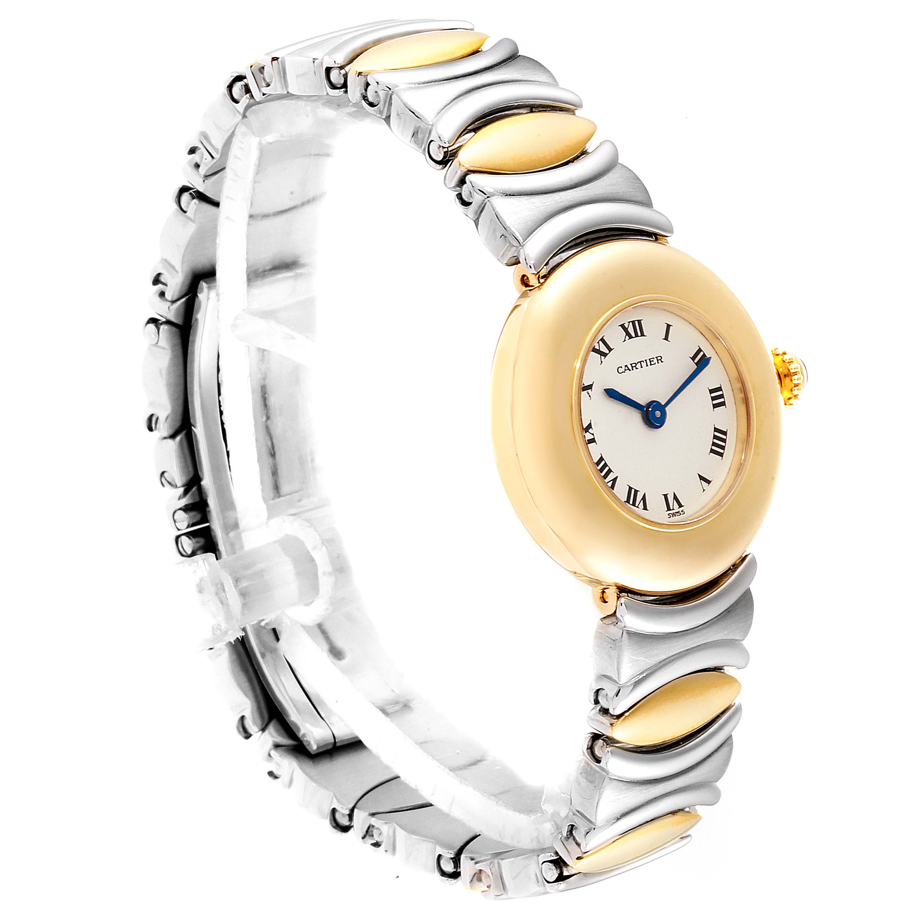 Side view of the Cartier Colisee 1335 Women's Yellow Gold Silver Dial 1335 Women's Yellow Gold Silver Dial watch, showing the bracelet, round dial, and gold-tone bezel.