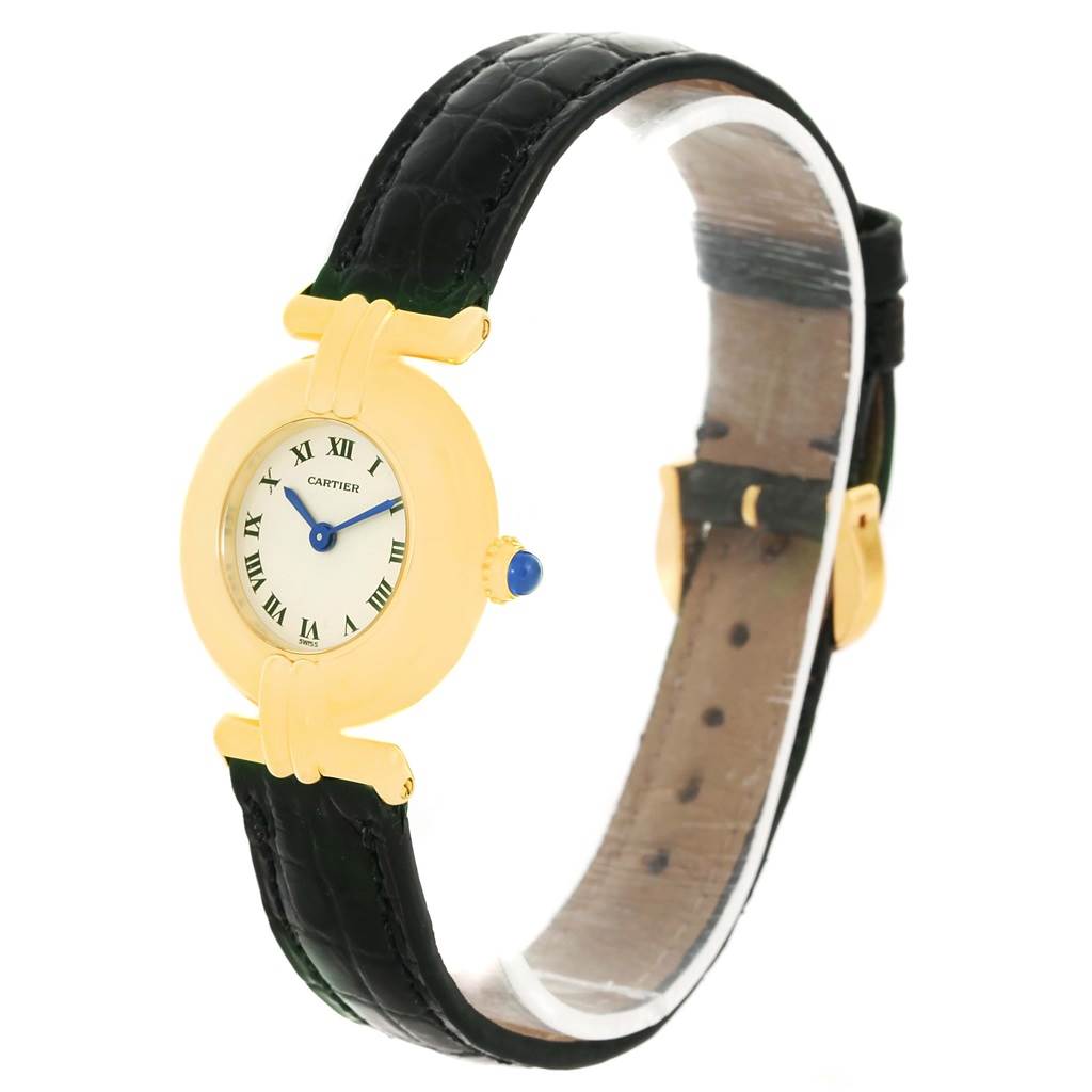 The Cartier Colisee Women's Yellow Gold Silver Dial Women's Yellow Gold Silver Dial watch is shown at a front diagonal angle, displaying its round face, Roman numerals, and black leather strap.