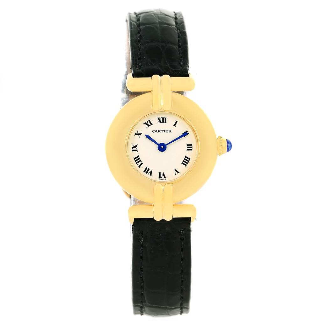 The image shows a front view of the Cartier Colisee Women's Yellow Gold Silver Dial Women's Yellow Gold Silver Dial watch, displaying the dial, bezel, and strap.