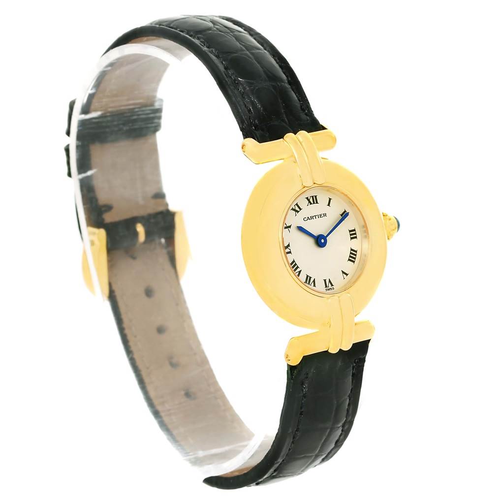 The image shows a side angle of the Cartier Colisee Women's Yellow Gold Silver Dial Women's Yellow Gold Silver Dial watch with its black leather strap and gold case.