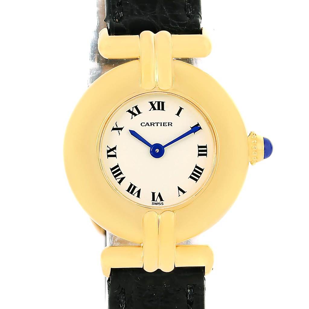 This image shows a front view of a Cartier Colisee Women's Yellow Gold Silver Dial Women's Yellow Gold Silver Dial watch, highlighting its gold bezel, white dial with Roman numerals, and black leather strap.