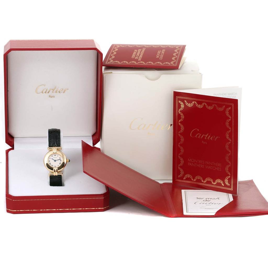 The image shows a Cartier Colisee Women's Yellow Gold Silver Dial Women's Yellow Gold Silver Dial watch with its box, manuals, and packaging from a front angle.