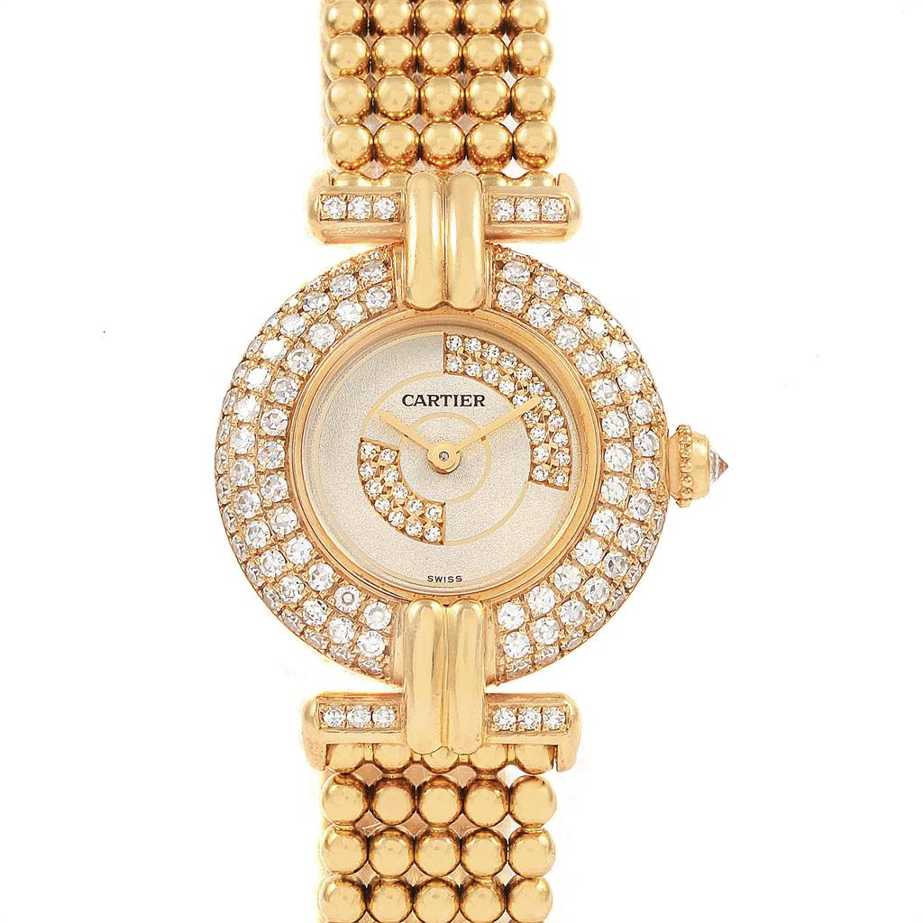 The image shows a Cartier Colisee  Women's Yellow Gold Silver Dial  Women's Yellow Gold Silver Dial model watch viewed from the front, highlighting its face, bezel, and part of the band.