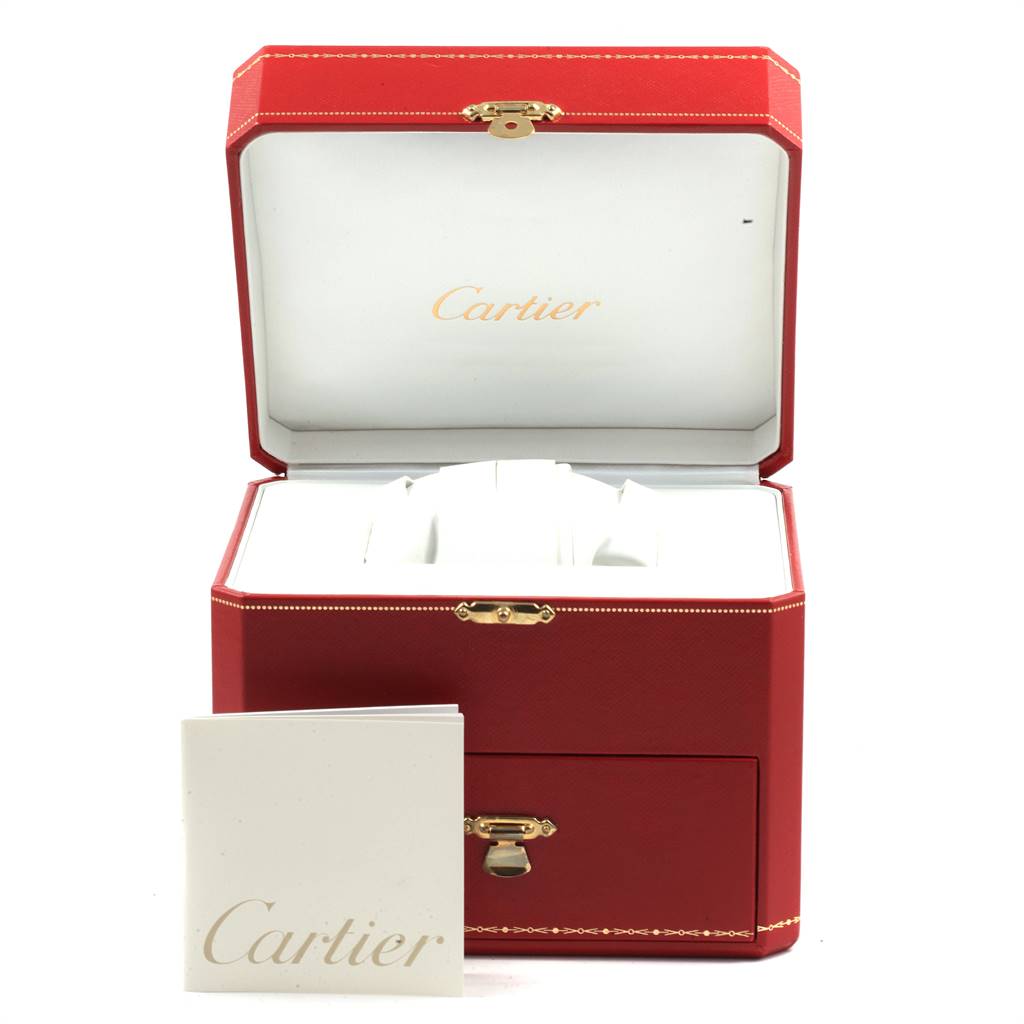 The image shows an open red Cartier box and booklet for the Colisee model watch.