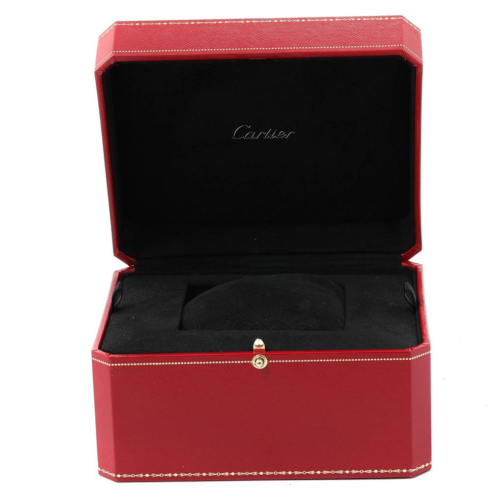 An open red Cartier box for the Colisee model watch is shown, highlighting the interior cushion and branding.