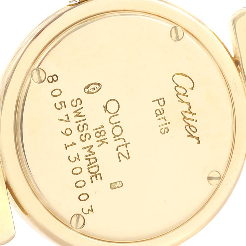This image shows the back case of a Cartier Colisee Women's Yellow Gold Silver Dial Women's Yellow Gold Silver Dial quartz watch, highlighting the model details and inscriptions.