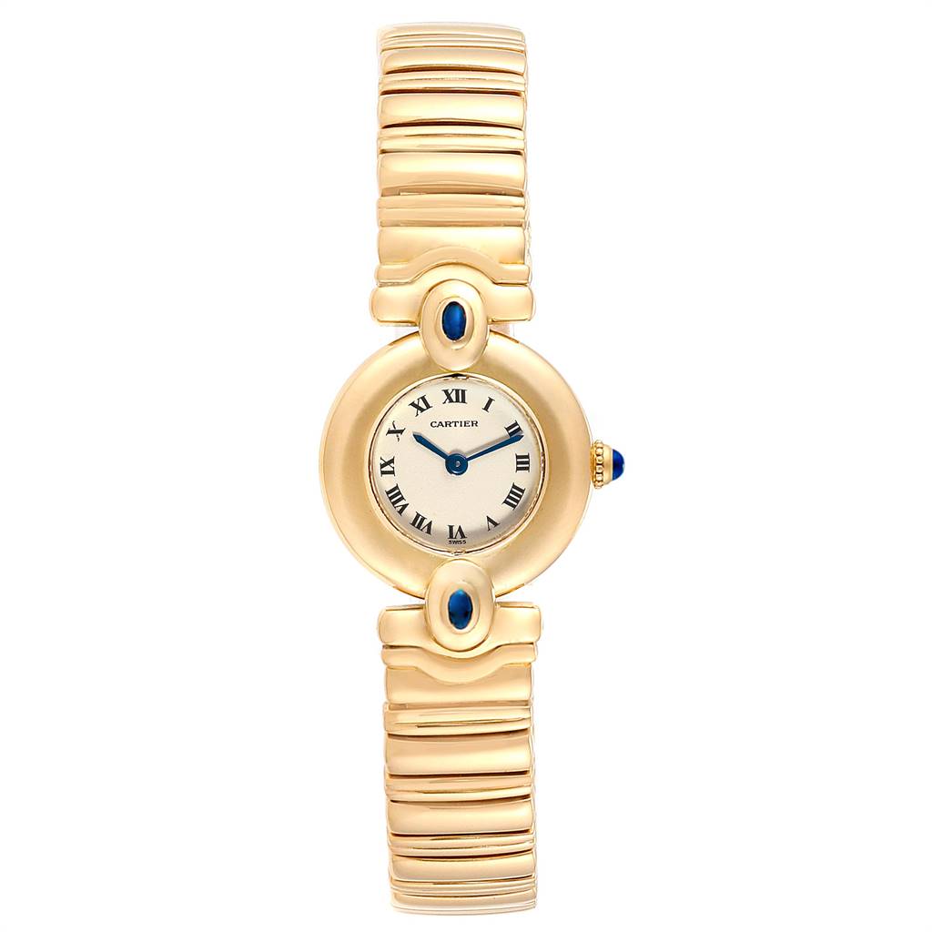 The image shows a Cartier Colisee Women's Yellow Gold Silver Dial Women's Yellow Gold Silver Dial watch, depicted from the front, displaying its face, gold bracelet, and blue accents.