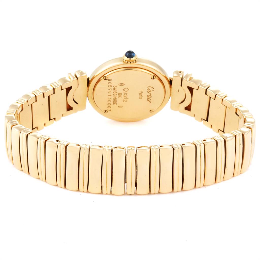 The image shows the back view of a Cartier Colisee Women's Yellow Gold Silver Dial Women's Yellow Gold Silver Dial watch, displaying its gold bracelet and case back details.