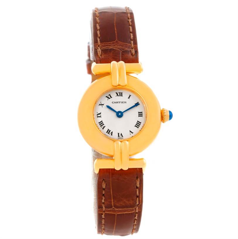 This image shows a front view of the Cartier Colisee C28086 Women's Yellow Gold Silver Dial C28086 Women's Yellow Gold Silver Dial watch, highlighting its round gold case and brown leather strap.