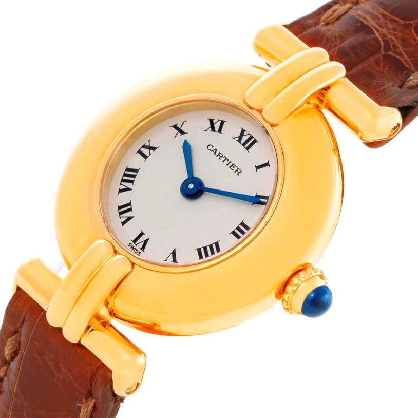 The image shows a close-up of the Cartier Colisee C28086 Women's Yellow Gold Silver Dial C28086 Women's Yellow Gold Silver Dial watch, highlighting its gold case, Roman numeral dial, and brown leather strap.