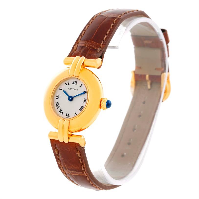 The image shows a Cartier Colisee C28086 Women's Yellow Gold Silver Dial C28086 Women's Yellow Gold Silver Dial model watch angled to display the face, crown, and brown leather strap.