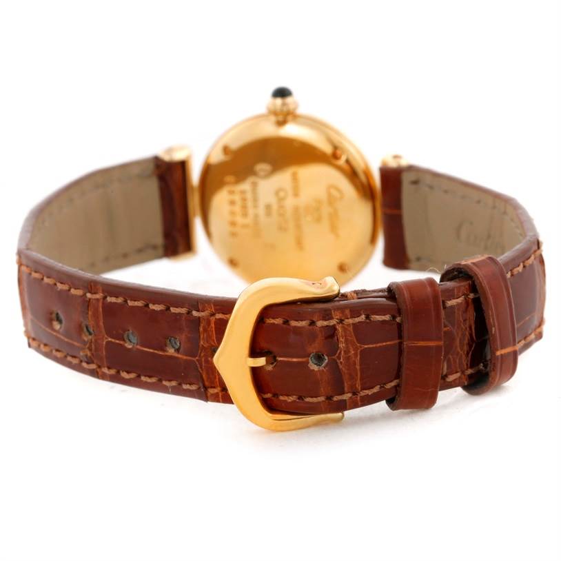 The image shows the back and buckle of a Cartier Colisee C28086 Women's Yellow Gold Silver Dial C28086 Women's Yellow Gold Silver Dial watch, featuring a brown leather strap and gold-toned case.