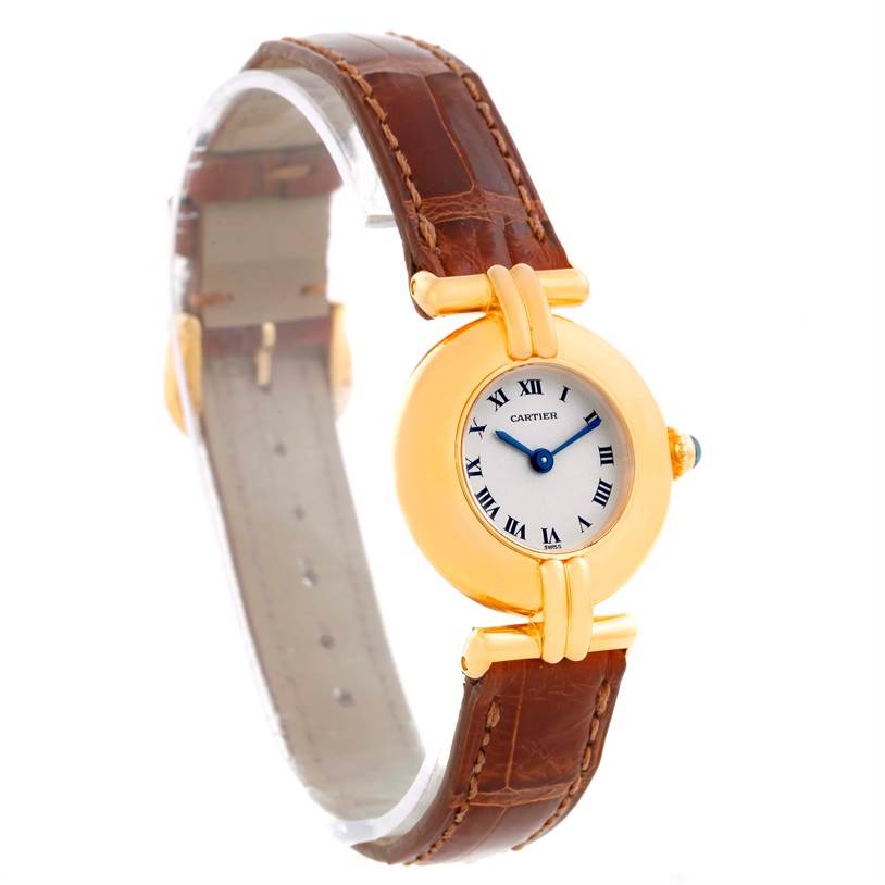 The image shows a Cartier Colisee C28086 Women's Yellow Gold Silver Dial C28086 Women's Yellow Gold Silver Dial watch from a front angle, highlighting the dial, bezel, case, and leather strap.