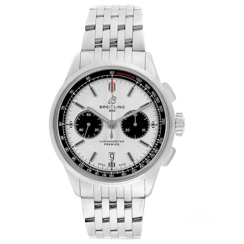 This is a front view of the Breitling Premier AB011822-G843-452A Men's Stainless Steel Silver Dial AB011822-G843-452A Men's Stainless Steel Silver Dial watch showcasing its dial, chronograph subdials, and bracelet.