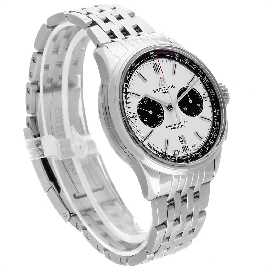 The Breitling Premier AB011822-G843-452A Men's Stainless Steel Silver Dial AB011822-G843-452A Men's Stainless Steel Silver Dial model watch is shown at a three-quarter angle, highlighting its face and metal bracelet.