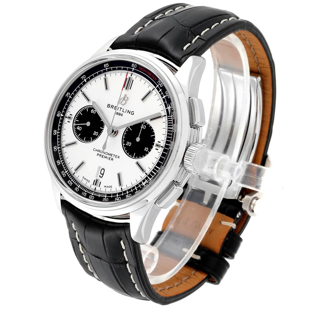 The image shows a Breitling Premier AB011822/G843-1018PT Men's Stainless Steel Silver Dial AB011822/G843-1018PT Men's Stainless Steel Silver Dial model watch angled from the front, displaying the dial, bezel, crown, and leather strap.