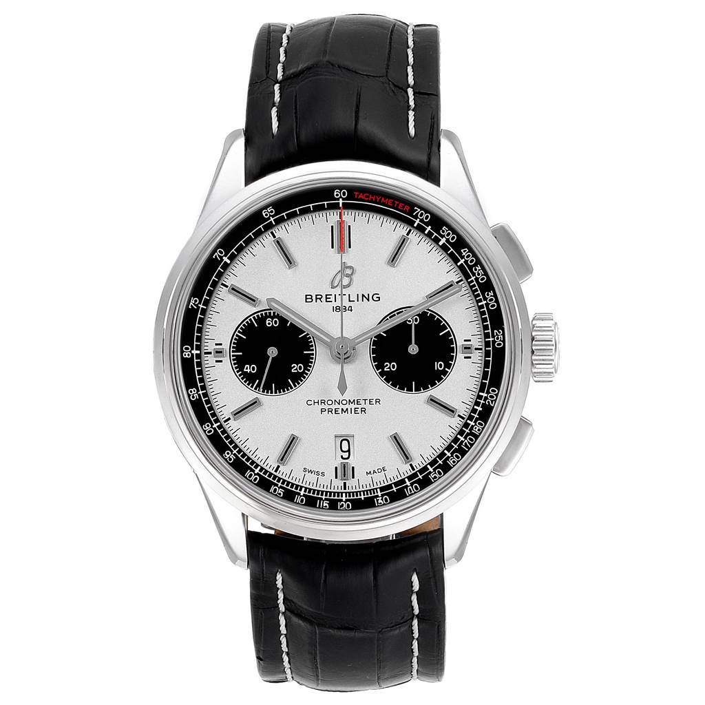 The image shows a front view of a Breitling Premier AB011822/G843-1018PT Men's Stainless Steel Silver Dial AB011822/G843-1018PT Men's Stainless Steel Silver Dial watch, highlighting the dial, case, crown, and leather strap.