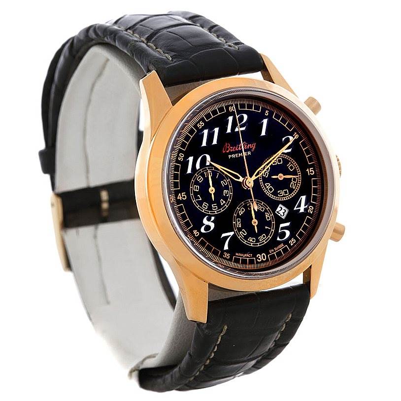 The image shows a Breitling Premier H42035 Men's Rose Gold Black Dial H42035 Men's Rose Gold Black Dial watch at a slight angle, displaying the face, dial, and leather strap.