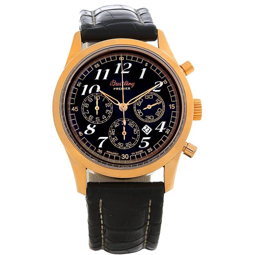 This is a front view of a Breitling Premier H42035 Men's Rose Gold Black Dial H42035 Men's Rose Gold Black Dial watch with a black dial, gold case, and black leather strap.