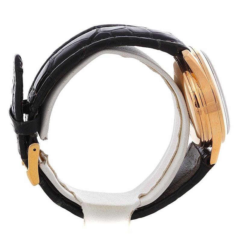 The image shows a side profile of a Breitling Premier H42035 Men's Rose Gold Black Dial H42035 Men's Rose Gold Black Dial model watch, highlighting its black strap and gold case.