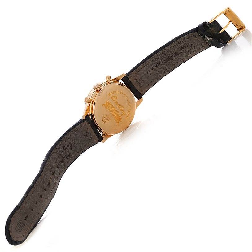 The image shows the back and inside of the strap of a Breitling Premier H42035 Men's Rose Gold Black Dial H42035 Men's Rose Gold Black Dial model watch from an angled top-down perspective.