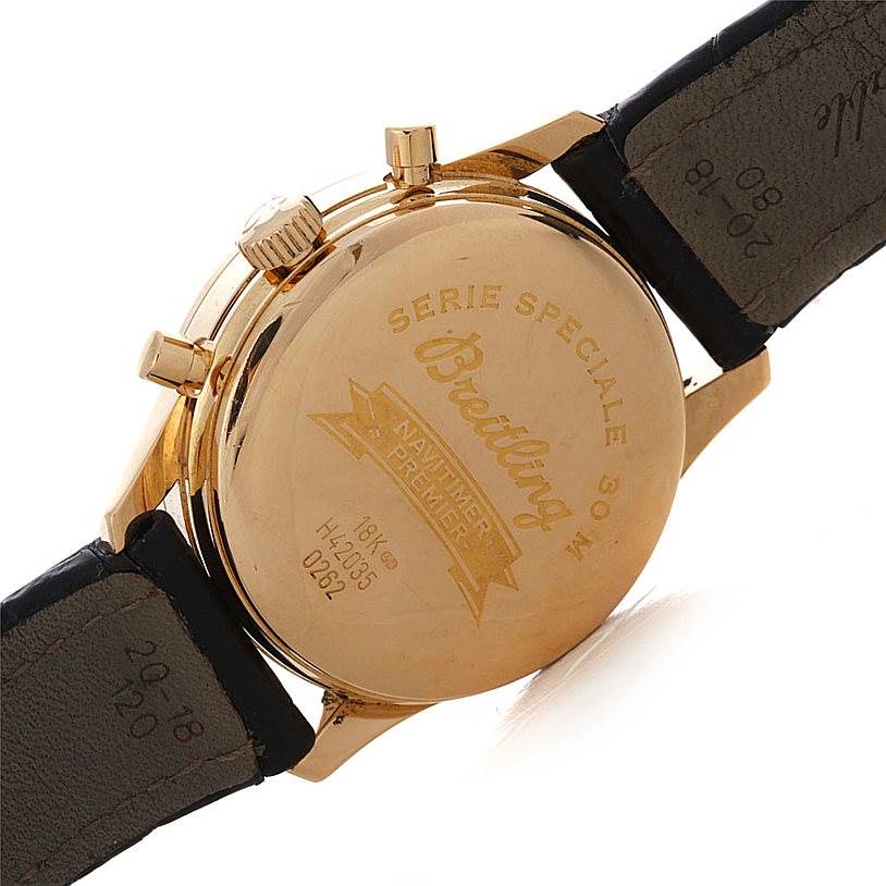 The image shows the backside of a Breitling Premier H42035 Men's Rose Gold Black Dial H42035 Men's Rose Gold Black Dial watch, including its case back, crown, pushers, and strap attachment.