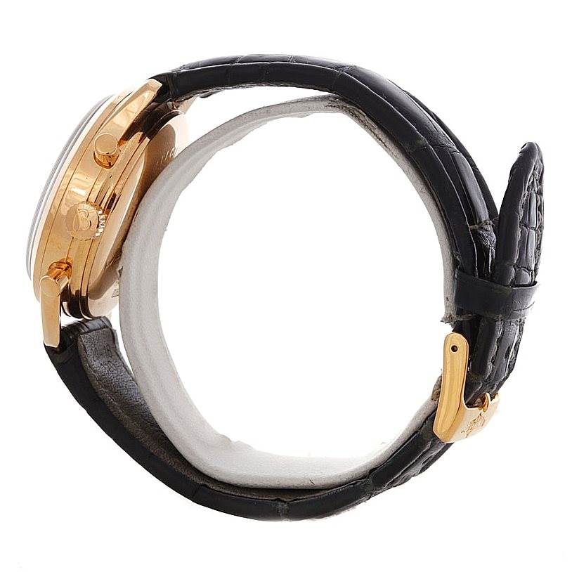 The image shows a side view of the Breitling Premier H42035 Men's Rose Gold Black Dial H42035 Men's Rose Gold Black Dial watch, highlighting the crown, push buttons, and black strap.