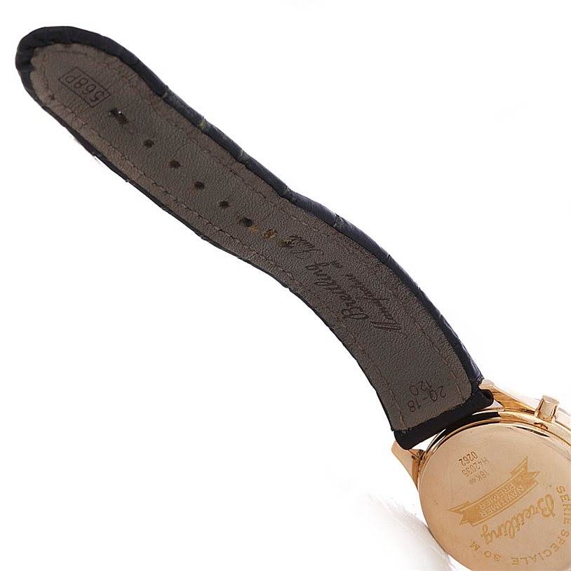 This image shows the back of a Breitling Premier H42035 Men's Rose Gold Black Dial H42035 Men's Rose Gold Black Dial watch, including part of the leather strap.