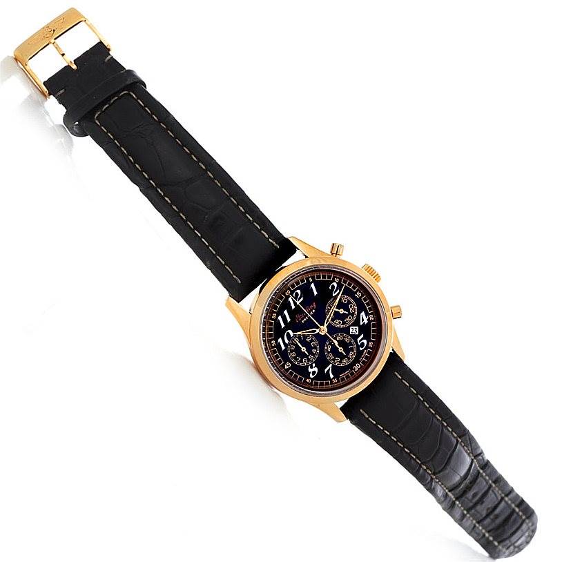 This image shows a Breitling Premier H42035 Men's Rose Gold Black Dial H42035 Men's Rose Gold Black Dial model watch with a black leather strap and gold-tone case, positioned at a slight angle.