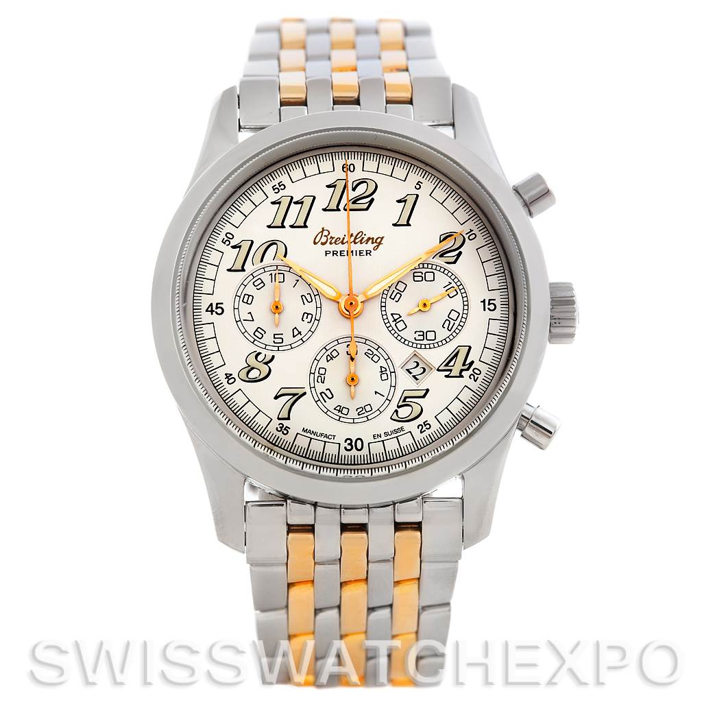 This is a frontal view of a Breitling Premier A42035 Men's Stainless Steel Silver Dial A42035 Men's Stainless Steel Silver Dial watch showcasing the face, dial, and bracelet.
