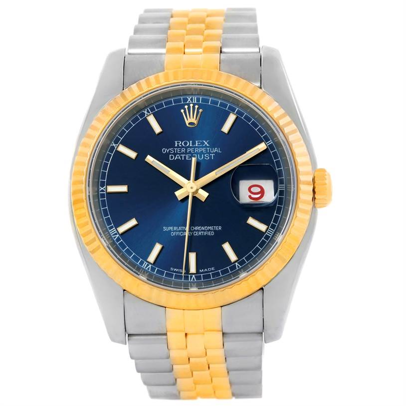 The image shows a Rolex Datejust 116233 Men's Stainless Steel Blue Dial 116233 Men's Stainless Steel Blue Dial watch from a front angle, displaying its face, bezel, and bracelet.