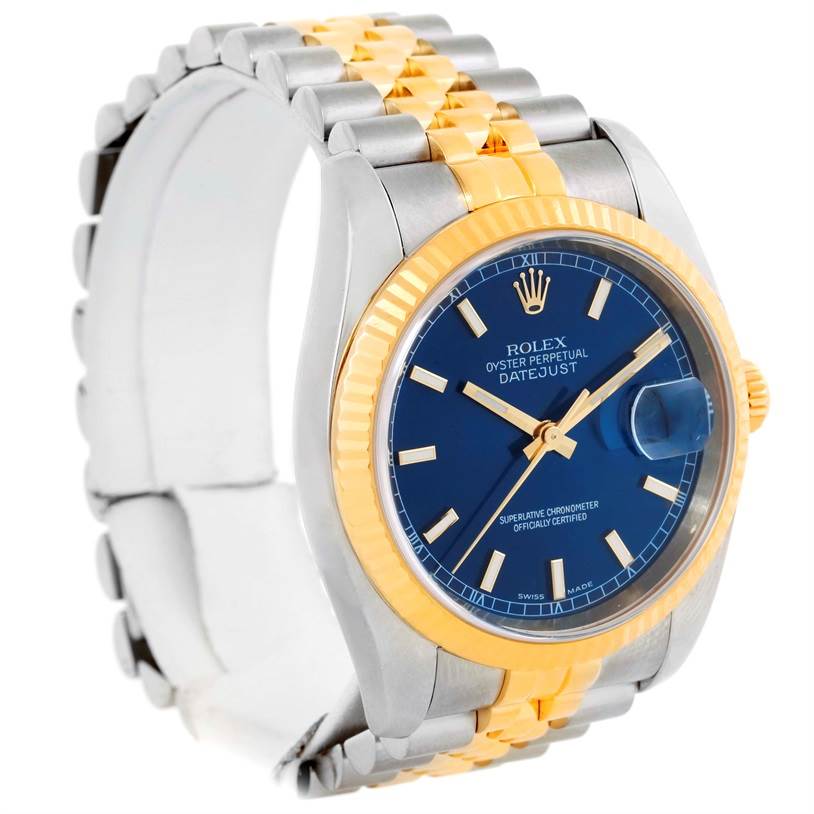 This Rolex Datejust 116233 Men's Stainless Steel Blue Dial 116233 Men's Stainless Steel Blue Dial watch is shown from a front-left angle, highlighting its blue dial, fluted bezel, and two-tone bracelet.