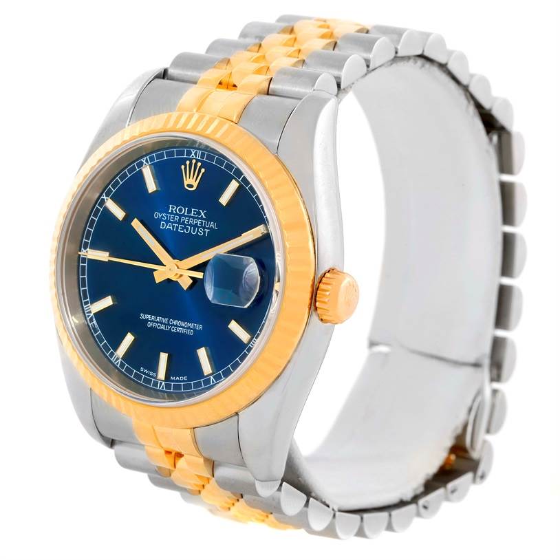 The Rolex Datejust 116233 Men's Stainless Steel Blue Dial 116233 Men's Stainless Steel Blue Dial watch is shown at an oblique angle, highlighting the blue dial, gold bezel, and two-tone strap.