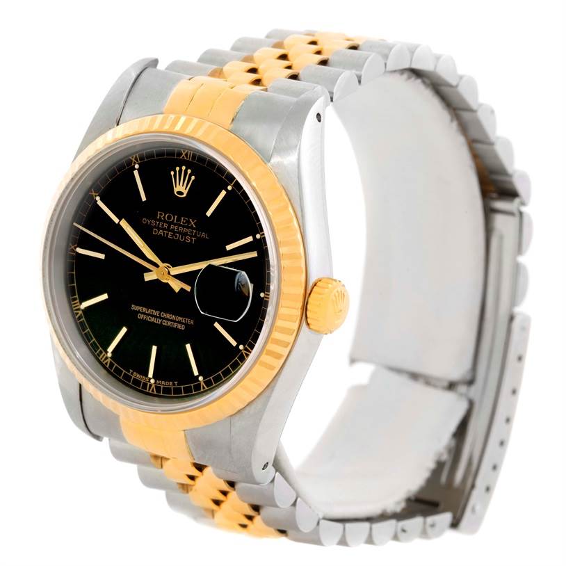 The Rolex Datejust 16233 Men's Steel and Gold (two tone) Black Dial 16233 Men's Steel and Gold (two tone) Black Dial watch is shown at a slight angle, highlighting the dial, bezel, case, and bracelet.