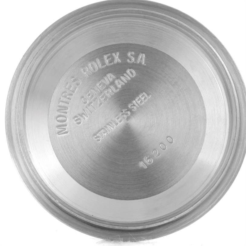 The image shows the inside case back of a Rolex Datejust 16233 Men's Steel and Gold (two tone) Black Dial 16233 Men's Steel and Gold (two tone) Black Dial watch, displaying model number 16200 and manufacturing details.