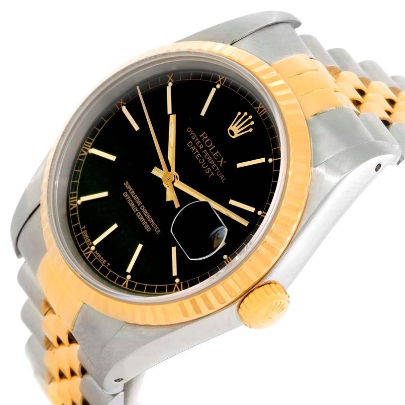 The image shows a close-up of the Rolex Datejust 16233 Men's Steel and Gold (two tone) Black Dial 16233 Men's Steel and Gold (two tone) Black Dial watch at an angled side view, highlighting the dial, crown, and part of the bracelet.