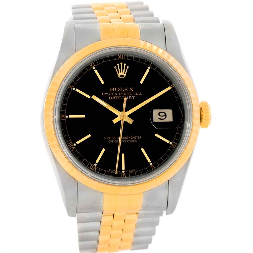 The image shows a front view of a Rolex Datejust 16233 Men's Steel and Gold (two tone) Black Dial 16233 Men's Steel and Gold (two tone) Black Dial watch, highlighting its black dial, gold and steel bracelet, and date window at 3 o'clock.