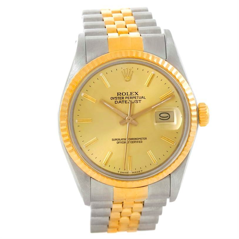 The image shows a front view of the Rolex Datejust 16013 Men's Stainless Steel Champagne Dial 16013 Men's Stainless Steel Champagne Dial, highlighting the dial, date display, bezel, and two-tone Jubilee bracelet.