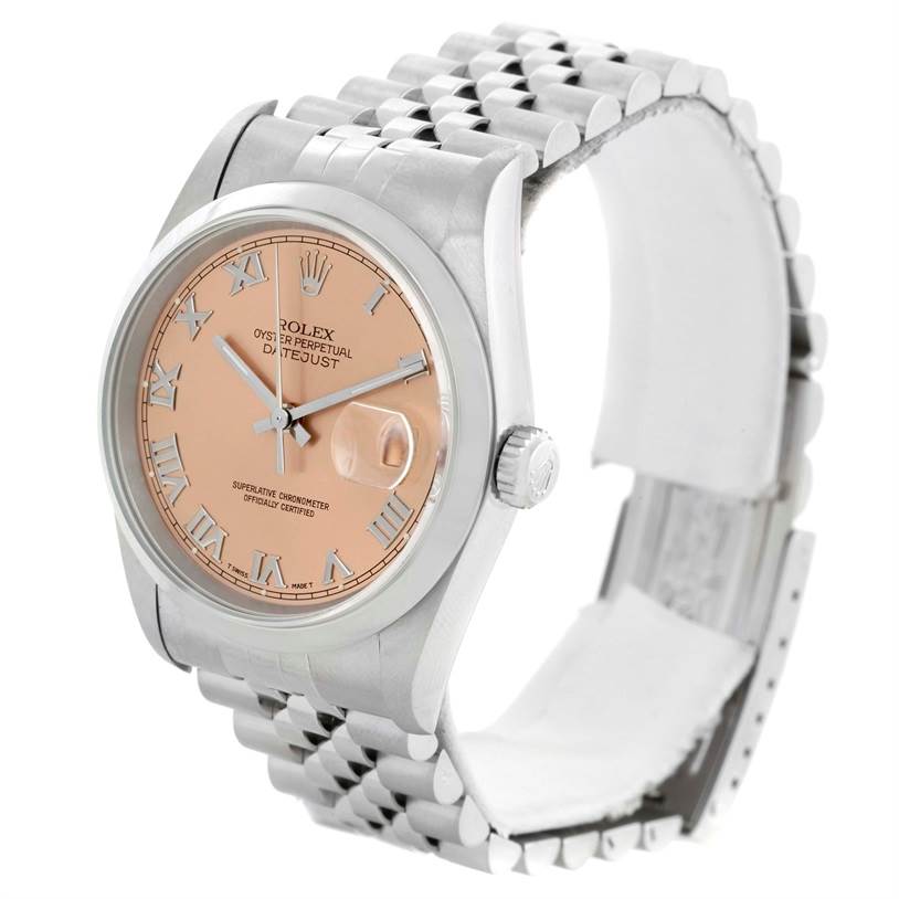 This image shows a side angle of a Rolex Datejust 16200 Men
s Stainless Steel Pink Dial 16200 Men
s Stainless Steel Pink Dial watch, highlighting the face, bezel, crown, and jubilee bracelet.