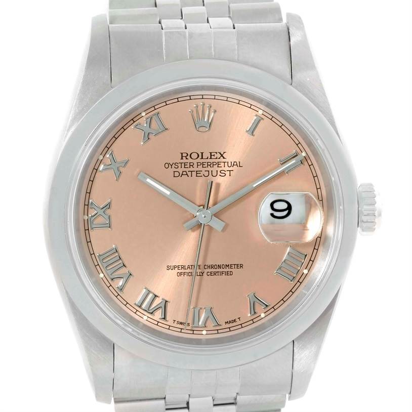 This image shows a close-up, front view of the Rolex Datejust 16200 Men
s Stainless Steel Pink Dial 16200 Men
s Stainless Steel Pink Dial watch, highlighting its dial, hands, and date window.