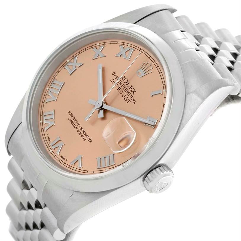 The Rolex Datejust 16200 Men
s Stainless Steel Pink Dial 16200 Men
s Stainless Steel Pink Dial watch is shown at a slight angle, displaying its face, bezel, crown, and part of the bracelet.