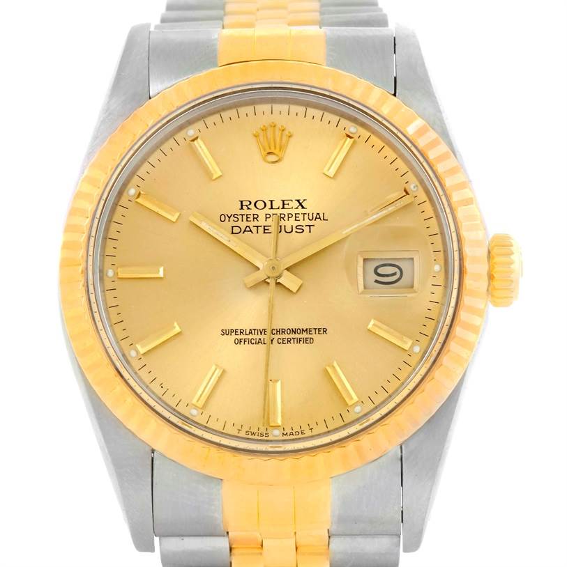 Shown at a front angle, this Rolex Datejust 16013 Men's Stainless Steel Champagne Dial 16013 Men's Stainless Steel Champagne Dial model displays the dial, bezel, crown, and part of the bracelet.