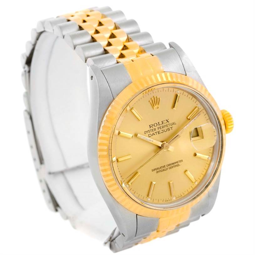 The image shows a Rolex Datejust 16013 Men's Stainless Steel Champagne Dial 16013 Men's Stainless Steel Champagne Dial watch from an angle highlighting the dial, bezel, crown, and part of the bracelet.
