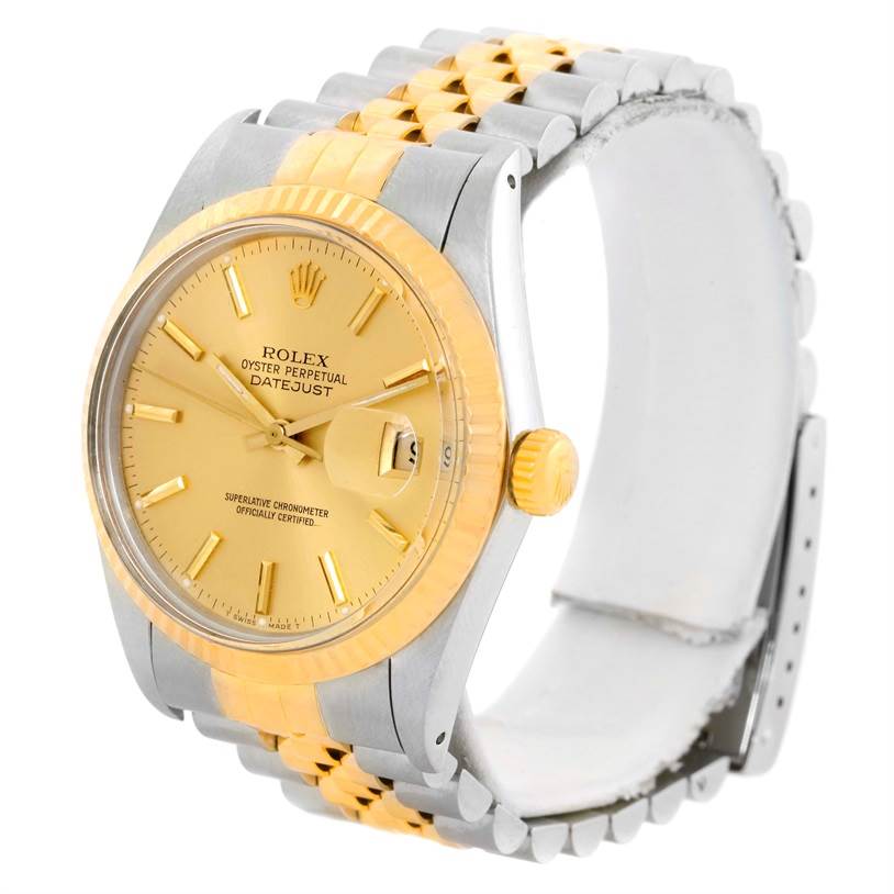 The Rolex Datejust 16013 Men's Stainless Steel Champagne Dial 16013 Men's Stainless Steel Champagne Dial watch is shown at a slightly tilted side angle, displaying the dial, bezel, crown, and the two-tone bracelet.
