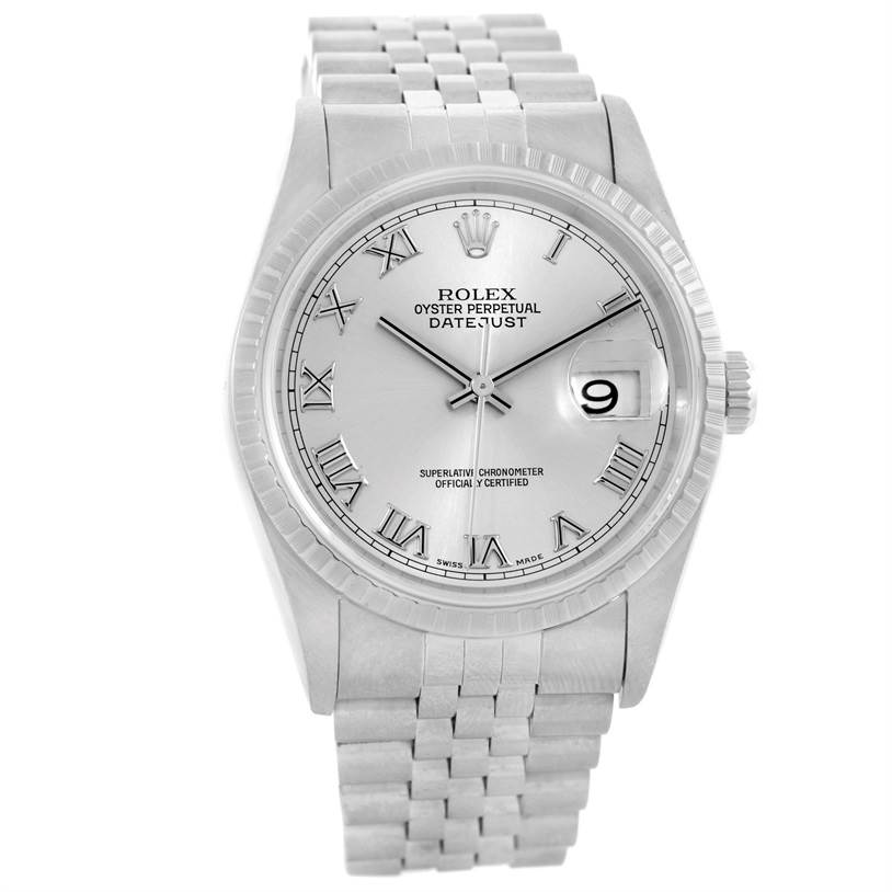 The image shows a front view of a Rolex Datejust 16220 Men's Stainless Steel Silver Dial 16220 Men's Stainless Steel Silver Dial watch, displaying its face, bracelet, date window, and crown.