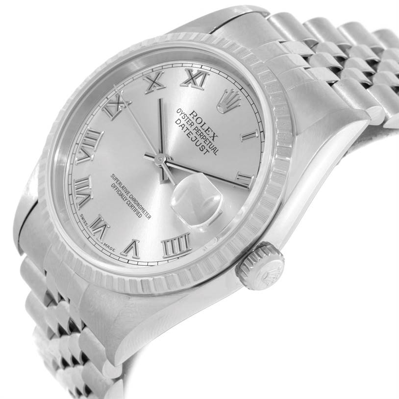This Rolex Datejust 16220 Men's Stainless Steel Silver Dial 16220 Men's Stainless Steel Silver Dial watch is shown from an oblique angle highlighting the face, bracelet, and crown.