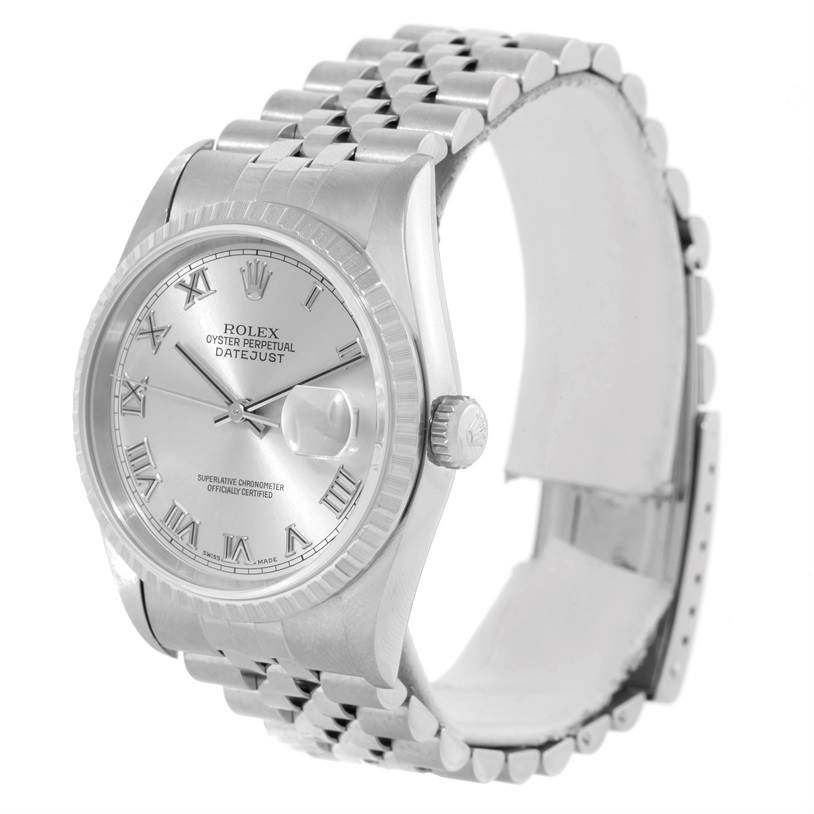 This angled view showcases the Rolex Datejust 16220 Men's Stainless Steel Silver Dial 16220 Men's Stainless Steel Silver Dial watch's face, bezel, crown, and part of its bracelet.