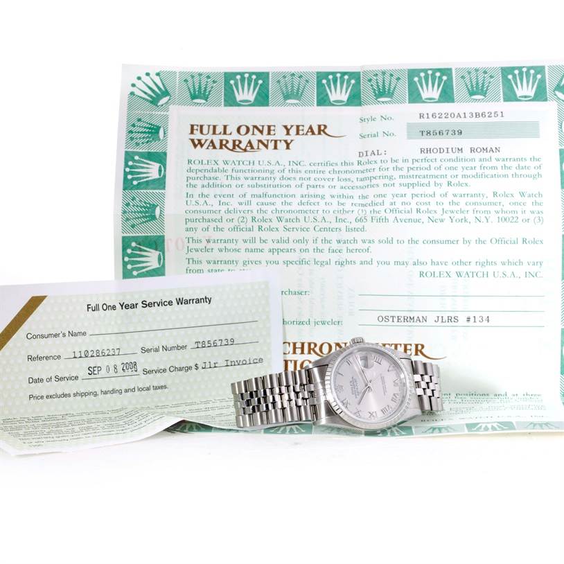 The image shows a Rolex Datejust 16220 Men's Stainless Steel Silver Dial 16220 Men's Stainless Steel Silver Dial watch with paperwork including a full one-year warranty certificate.